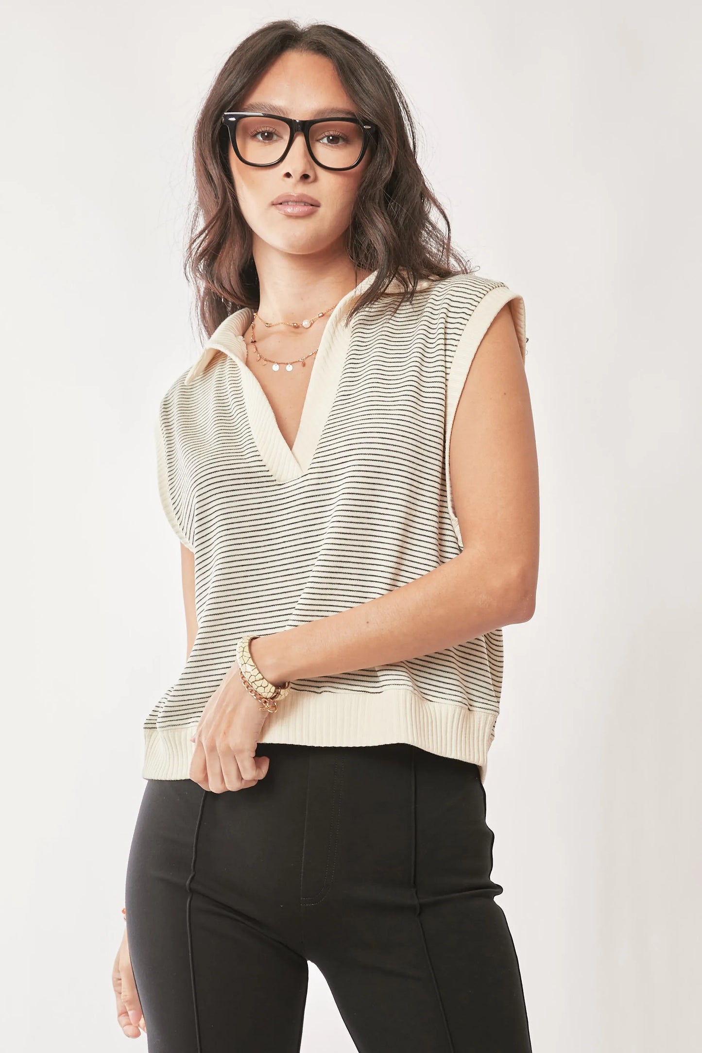Davi & Dani French Terry Boxy Fit Striped Sweater Vest - Robbi & Angel