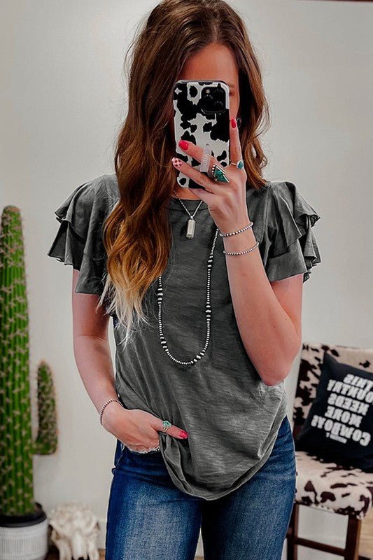 Dark Grey Ruffle Sleeve Plain Blouse - Robbi & Angel