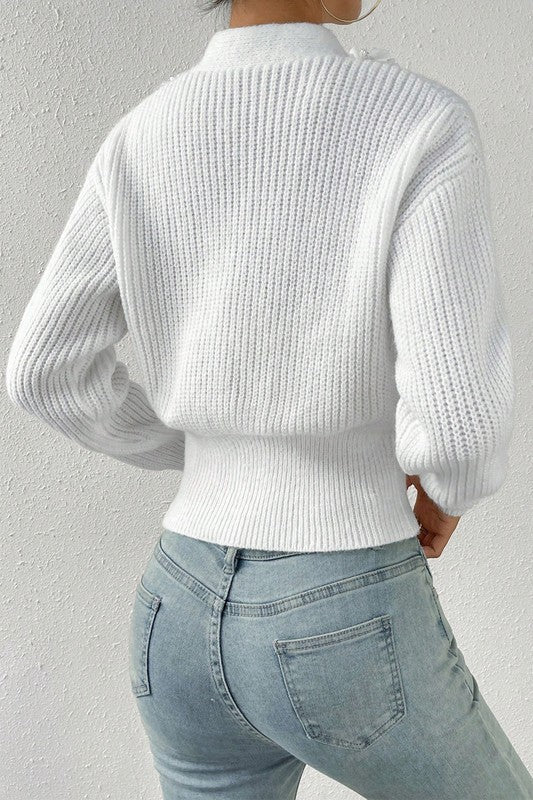 Deep V Double Breasted Pearl Beaded Decor Sweater - Robbi & Angel