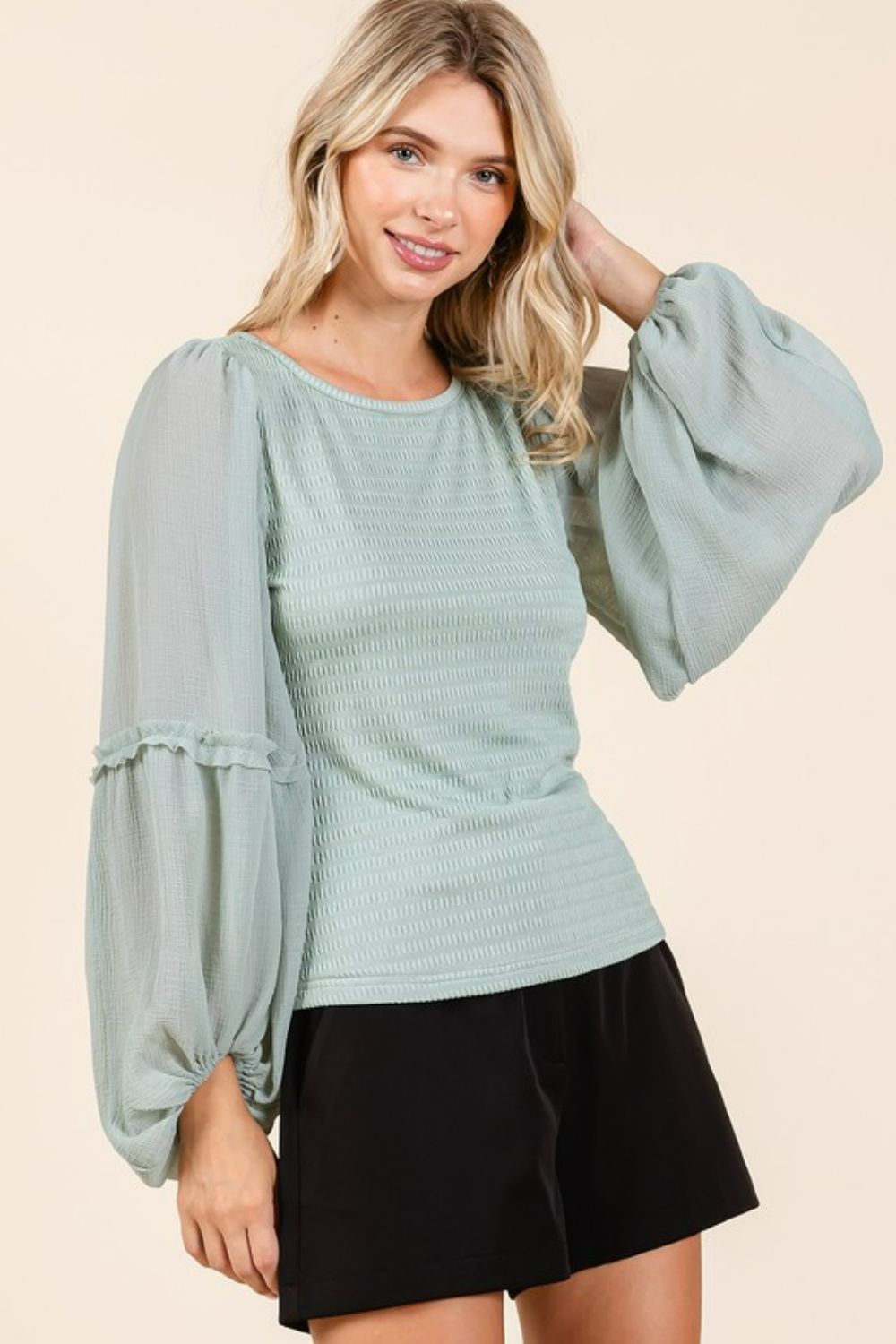 Mittoshop Mixed Media Textured Knit Chiffon Long Sleeve Top - Robbi & Angel