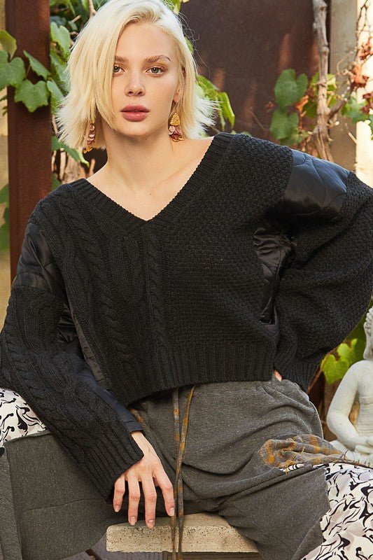 POL Cable Knit Quilting Patch V - Neck Sweater - Robbi & Angel