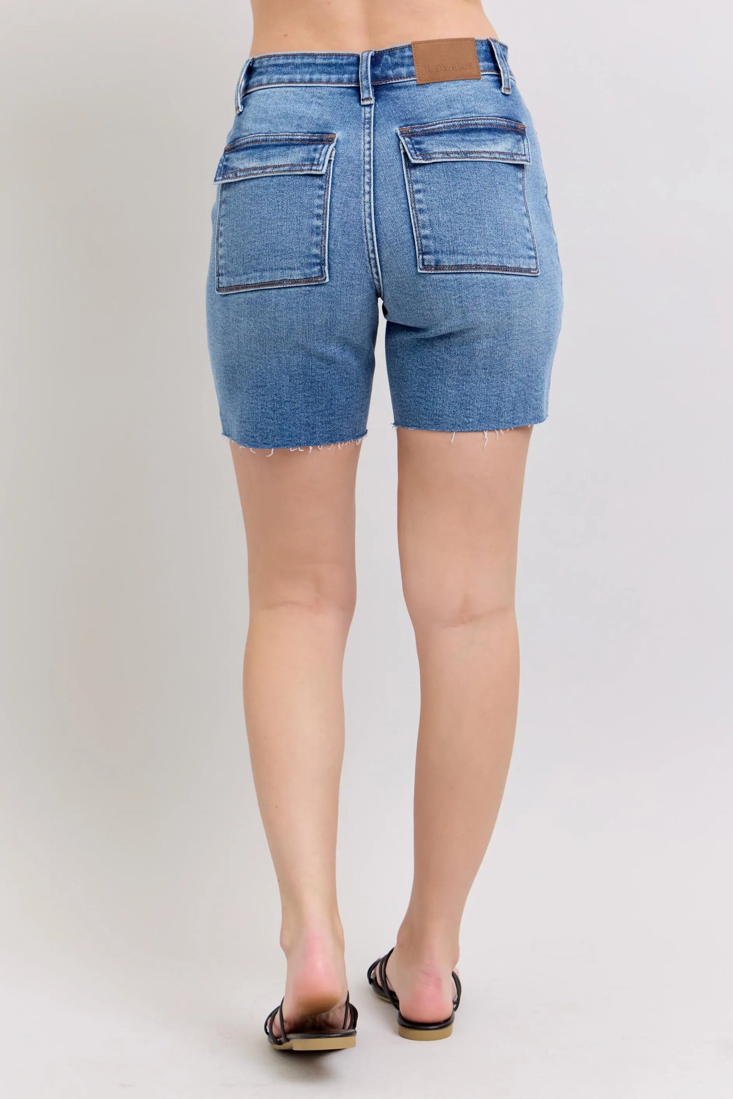 Judy Blue Full Size Mid Rise Bermudas Denim Shorts W/ Back Flap Pockets Plus Size - Robbi & Angel