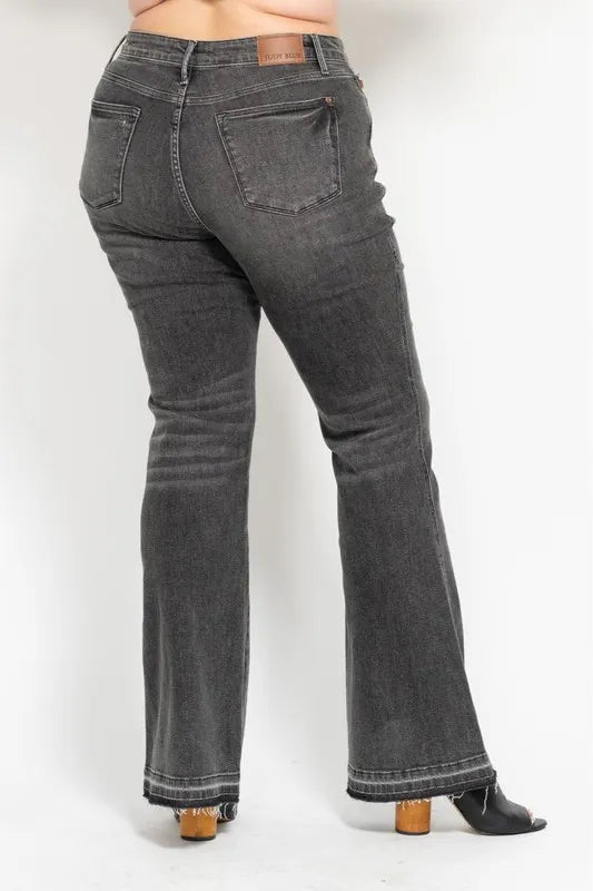 Judy Blue Full Size Mid Rise Tummy Control Washed Gray Release Hem Flare Jeans Plus Size - Robbi & Angel
