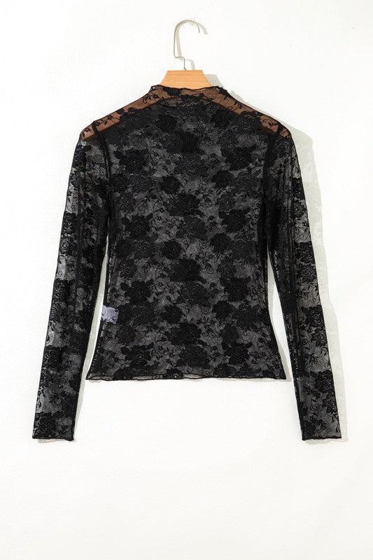 Floral Lace Sheer Mesh Long Sleeve Top - Robbi & Angel