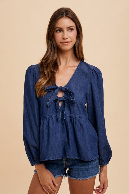 Annie Wear Tie Front Peplum Long Sleeve Denim Top - Robbi & Angel