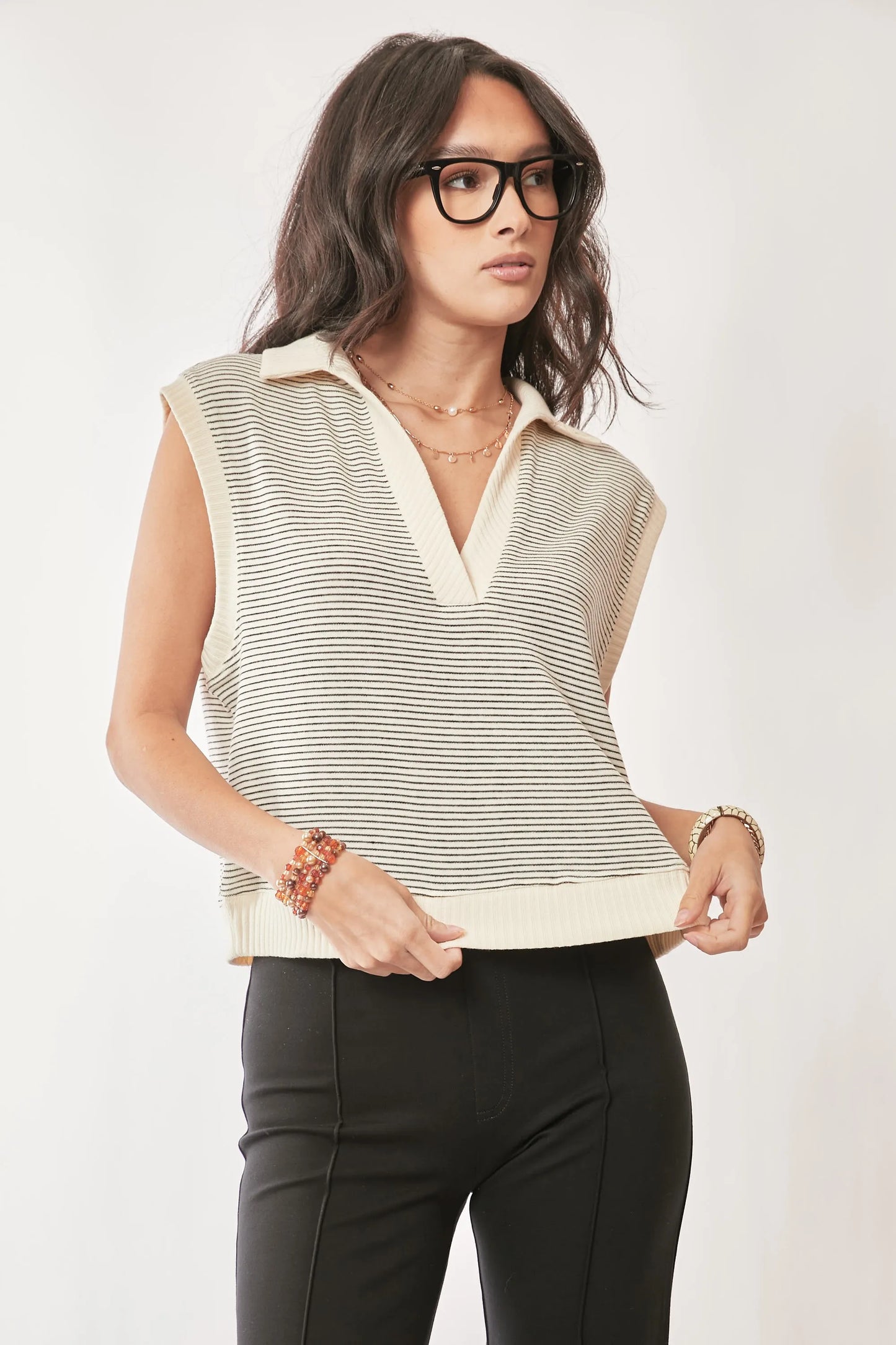 Davi & Dani French Terry Boxy Fit Striped Sweater Vest - Robbi & Angel