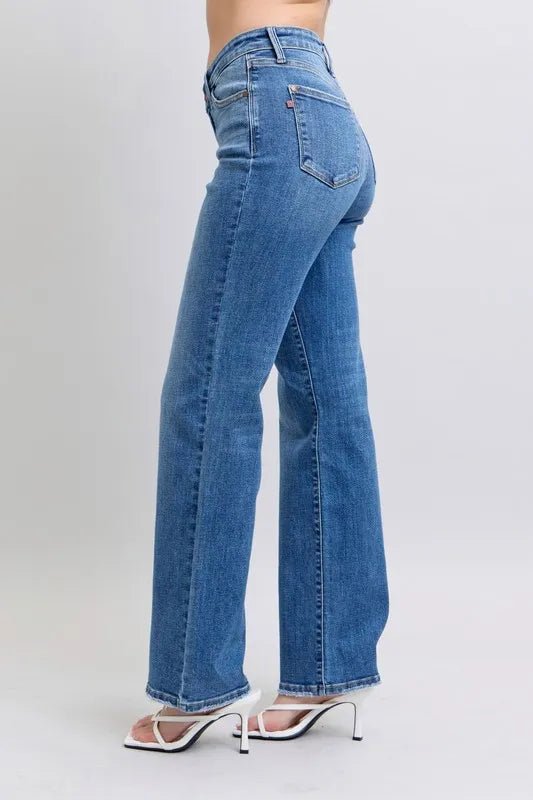 Judy Blue Full Size High Waist V - Front Vintage Wash Straight Jeans Plus Size - Robbi & Angel