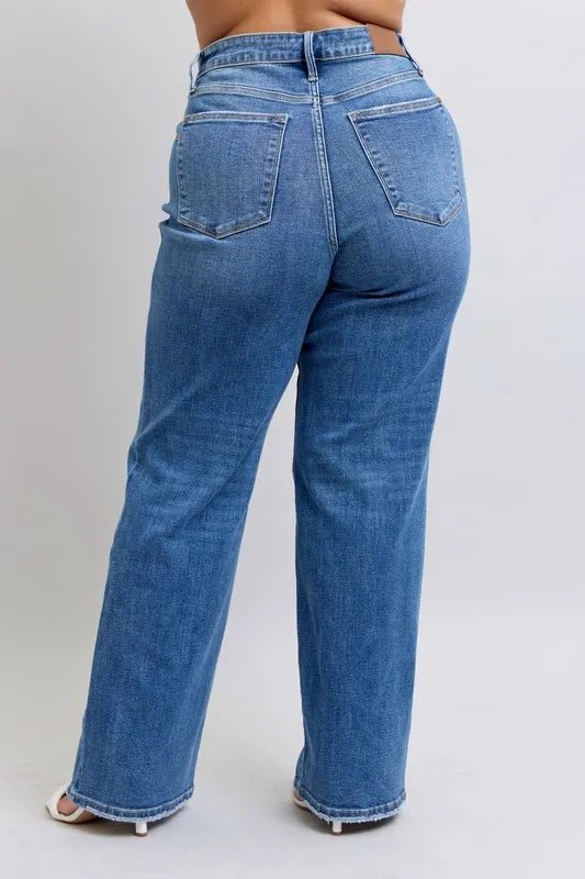 Judy Blue Full Size High Waist V - Front Vintage Wash Straight Jeans Plus Size - Robbi & Angel
