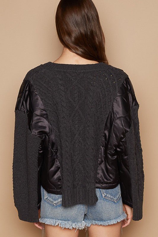 POL Cable Knit Quilting Patch V - Neck Sweater - Robbi & Angel