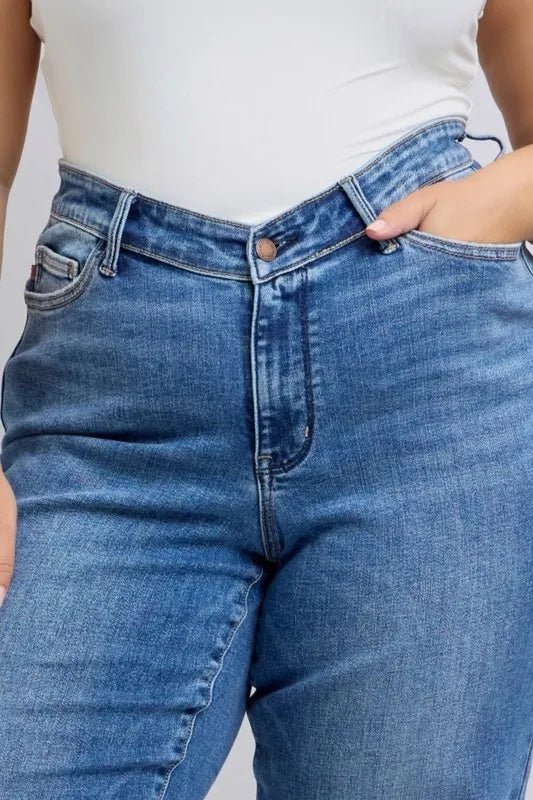 Judy Blue Full Size High Waist V - Front Vintage Wash Straight Jeans Plus Size - Robbi & Angel
