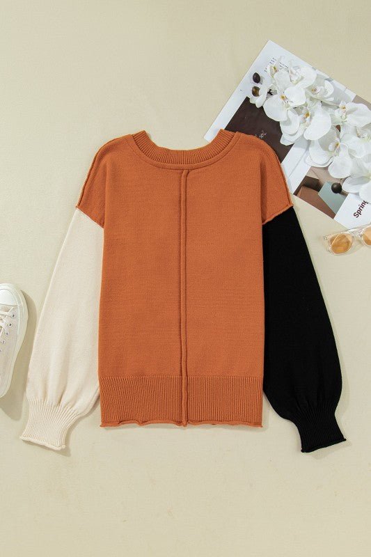 Colorblock Raw Edge Bubble Sleeve V - Neck Sweater - Robbi & Angel