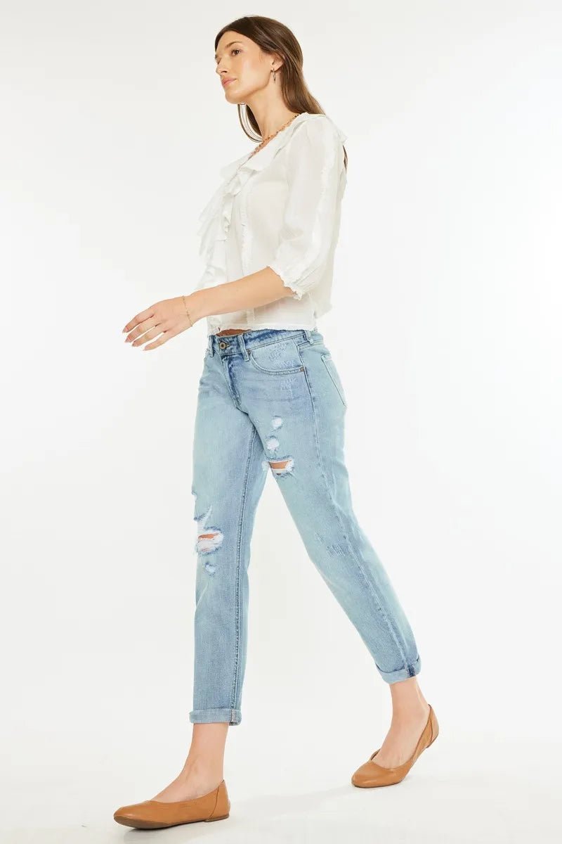 Kancan Mid Rise Distressed Boyfriend Fit Jeans - Robbi & Angel