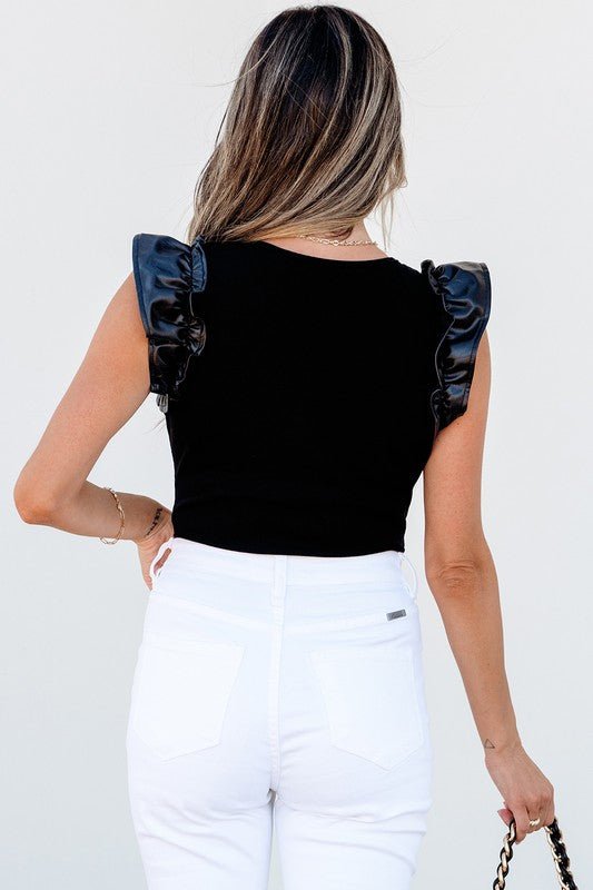 Ruffle Patchwork Ribbed V Neck Bodysuit - Robbi & Angel