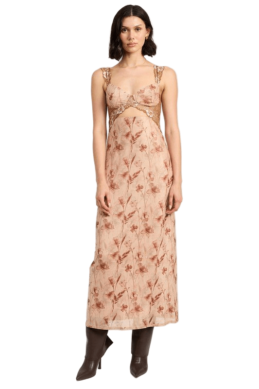 LACE CONTRAST MAXI DRESS WITH CUT OUT