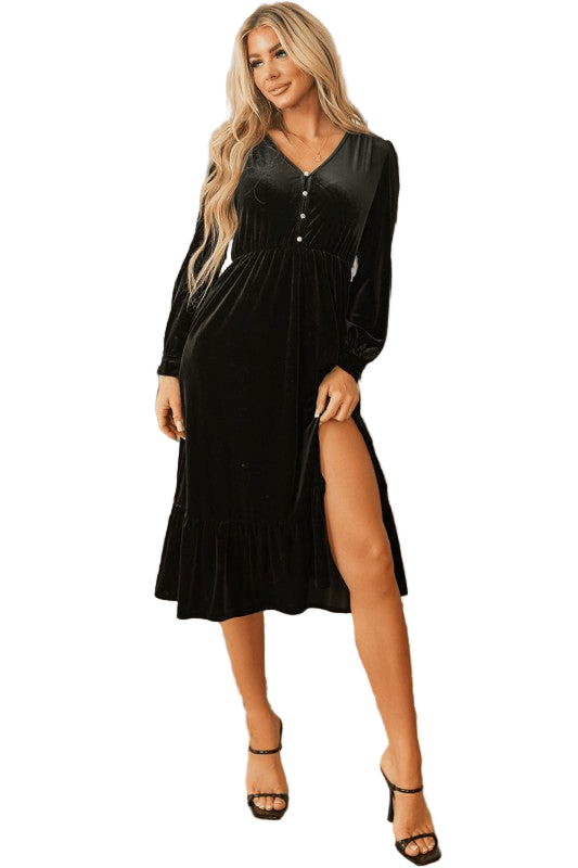 Olivia Velvet Buttoned Puff Sleeve V Neck Split Midi Dress