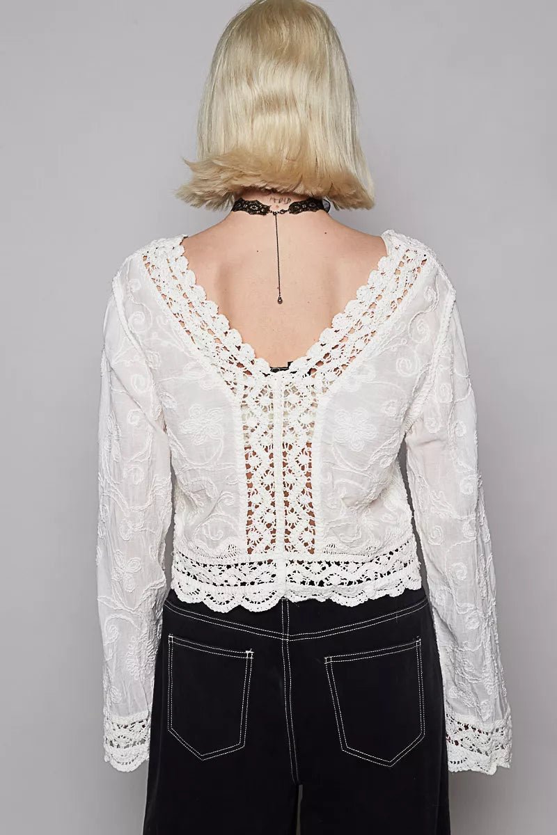 POL Long Sleeve Cropped Crochet Top with Floral Embroidery Detail - Robbi & Angel