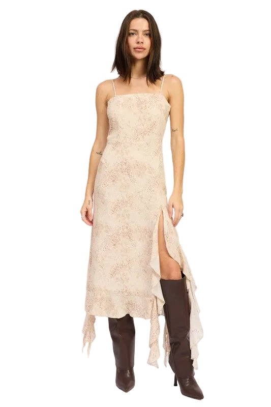Ruffle Midi Dress with Open Back Tie Detail