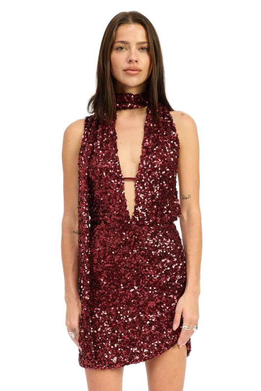 red mini dress with scarf SEQUIN HALTER SCARF MINI DRESS