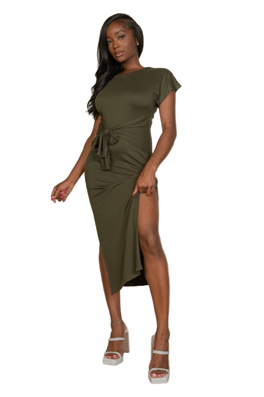 Tie Front Short Sleeve Side Slit Dress