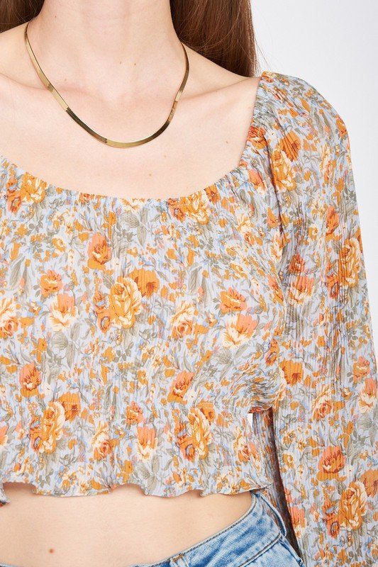 SCOOP NECK FLORAL TOP WITH RUFFLE DETAIL - Robbi & Angel