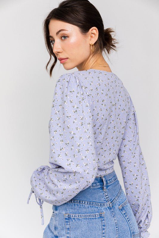 Puff Sleeve Lace-Up V-Neck Top - Robbi & Angel
