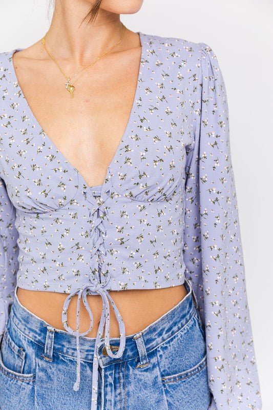 Puff Sleeve Lace-Up V-Neck Top - Robbi & Angel