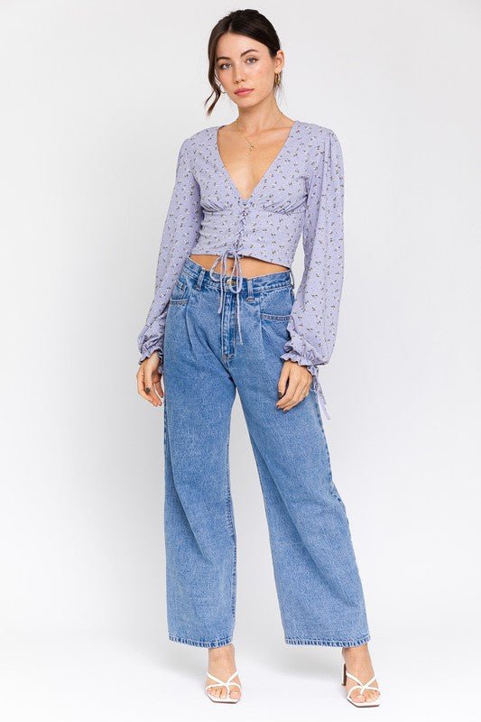 Puff Sleeve Lace-Up V-Neck Top - Robbi & Angel