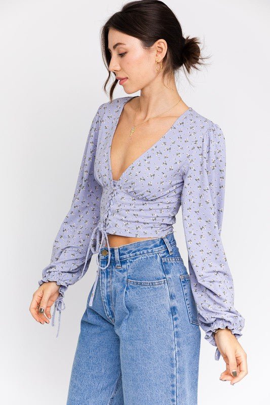 Puff Sleeve Lace-Up V-Neck Top - Robbi & Angel