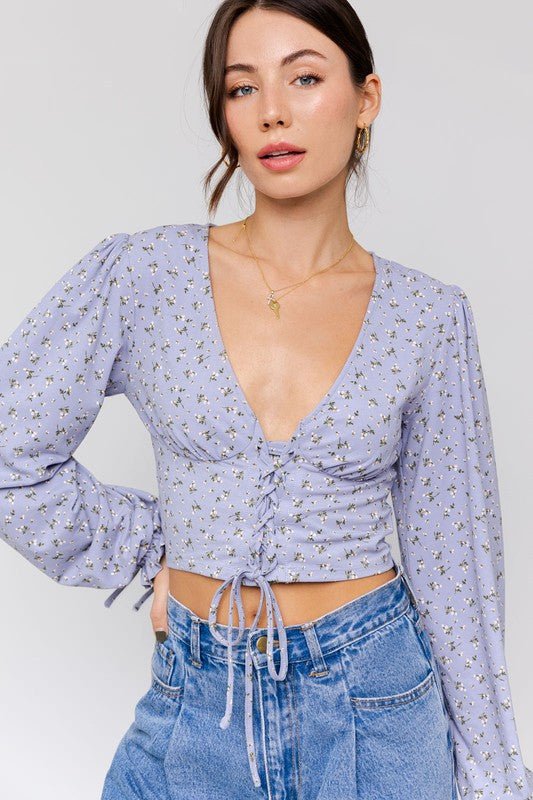 Puff Sleeve Lace-Up V-Neck Top - Robbi & Angel