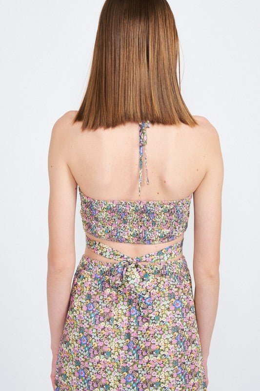 HALTER NECK FLORAL CROP TOP WITH BACK SMOCKING - Robbi & Angel