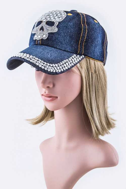 Crystal Skull Embelished Fashion Denim Cap - Robbi & Angel