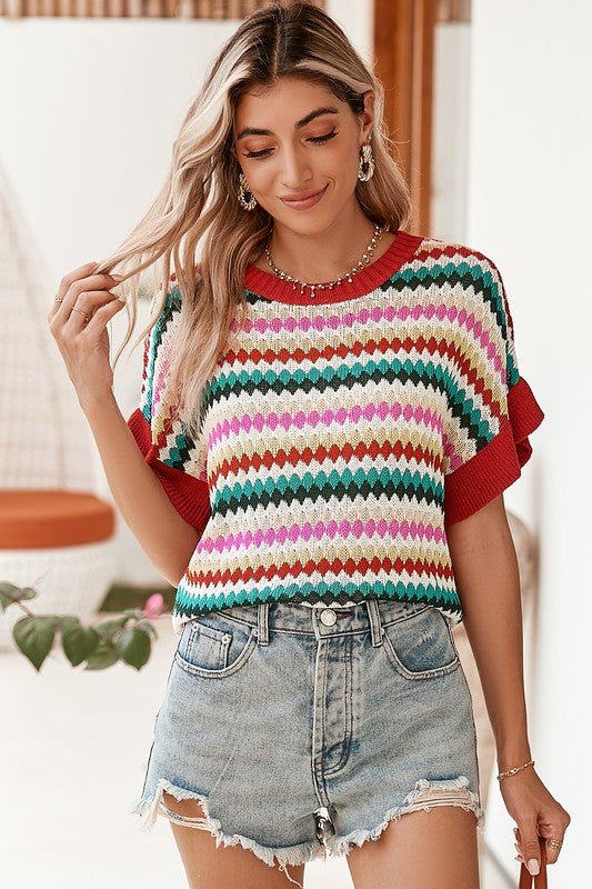 Red Pink Green stripe ruffle short sleeve knit top - Robbi & Angel