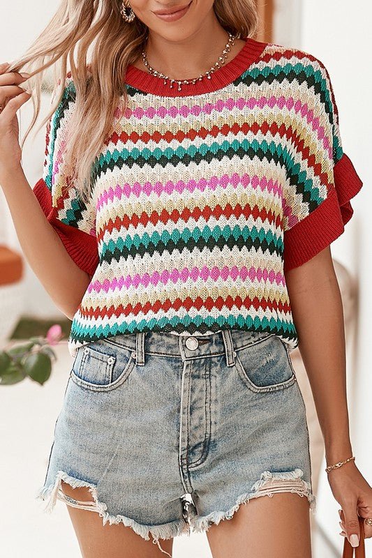 Red Pink Green stripe ruffle short sleeve knit top - Robbi & Angel