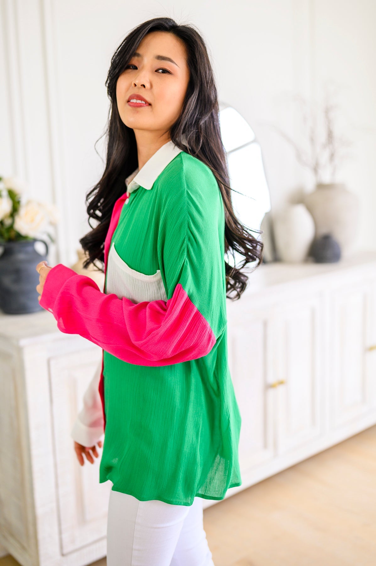 Capture the Day Two Toned Button Up Kelly - Robbi & Angel