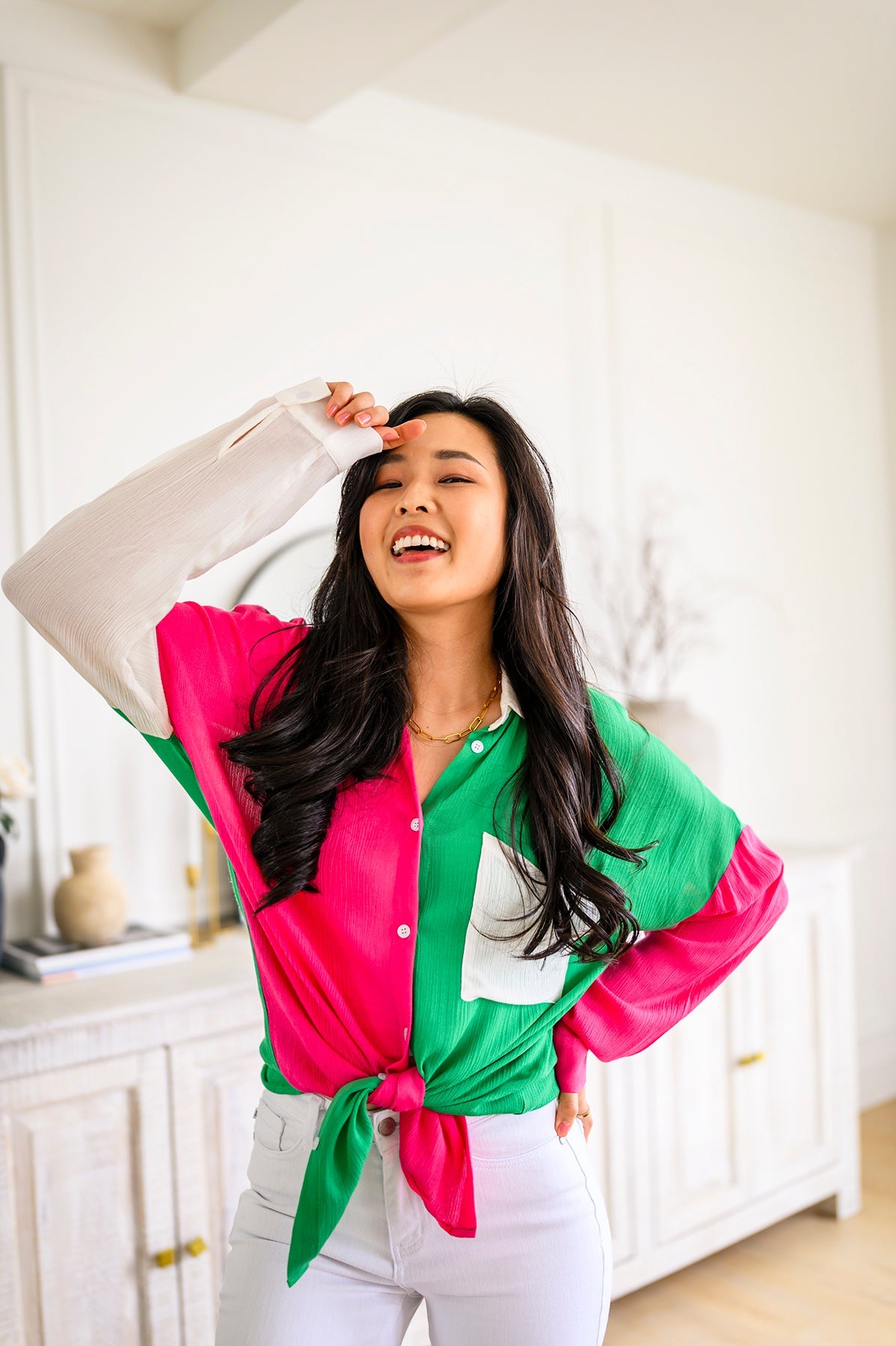Capture the Day Two Toned Button Up Kelly - Robbi & Angel