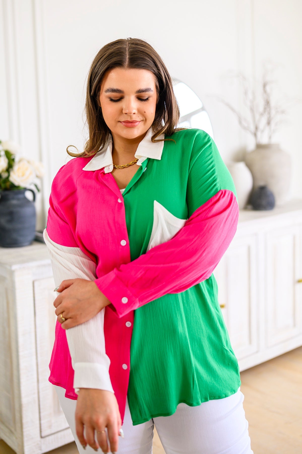 Capture the Day Two Toned Button Up Kelly - Robbi & Angel
