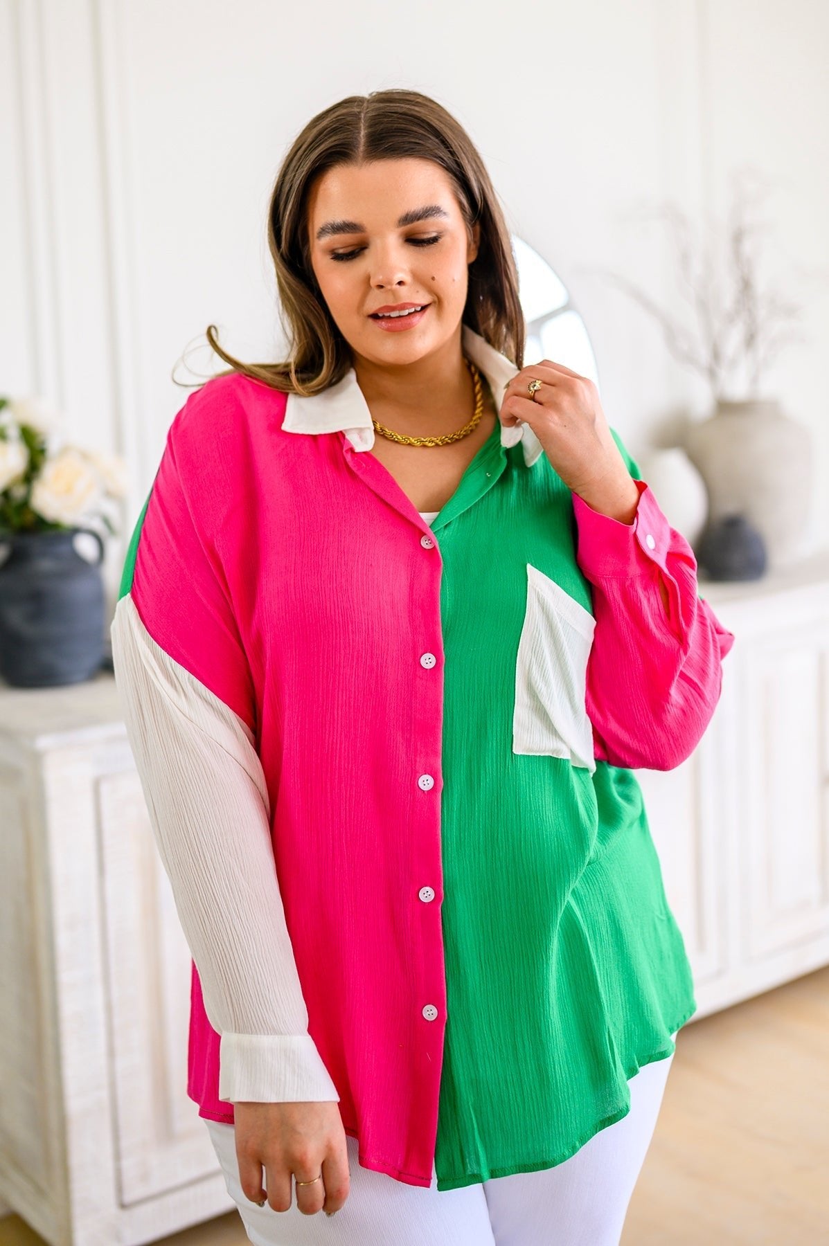 Capture the Day Two Toned Button Up Kelly - Robbi & Angel