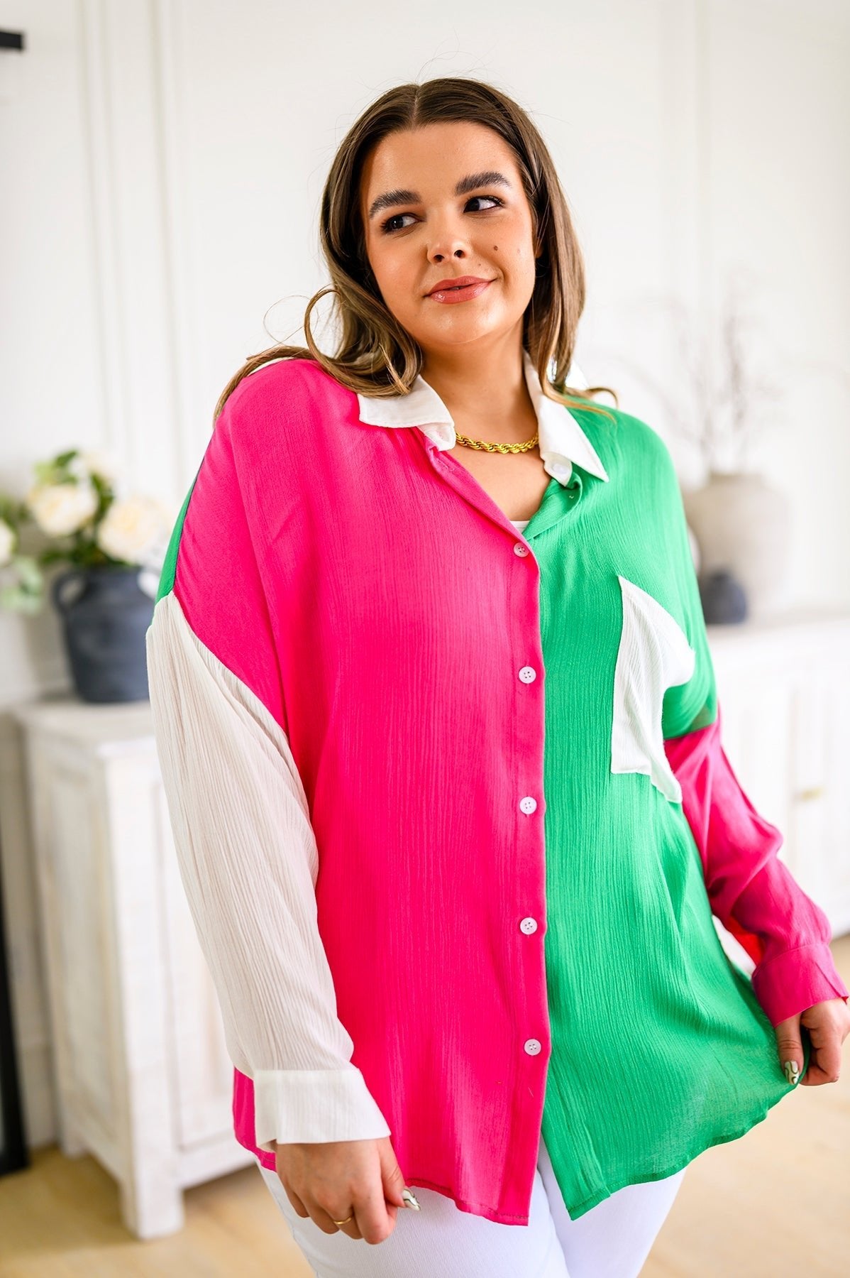 Capture the Day Two Toned Button Up Kelly - Robbi & Angel