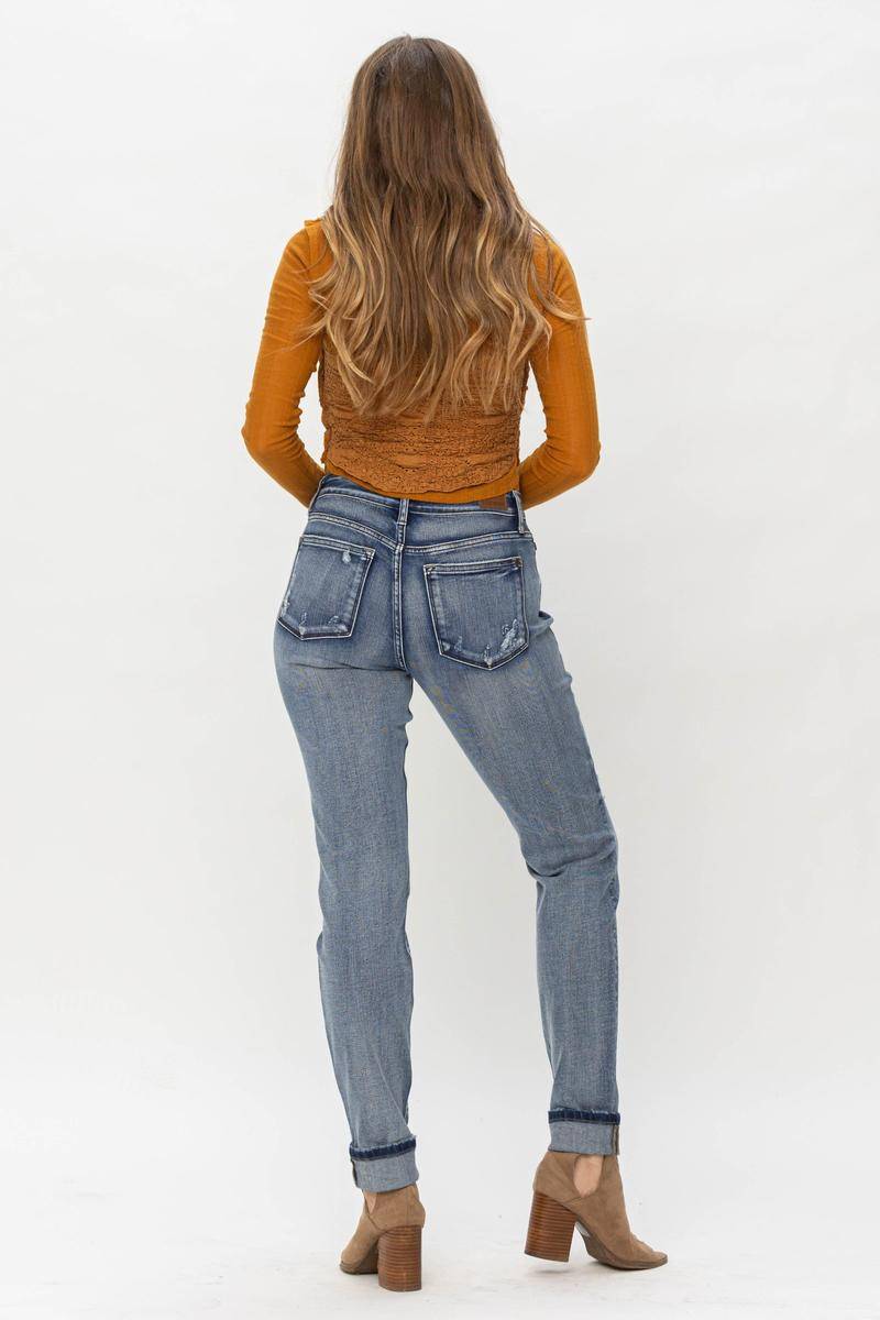 Judy Blue Mid-Rise Button Fly Contrast Wash Cuffed Boyfriend Jeans - Robbi & Angel