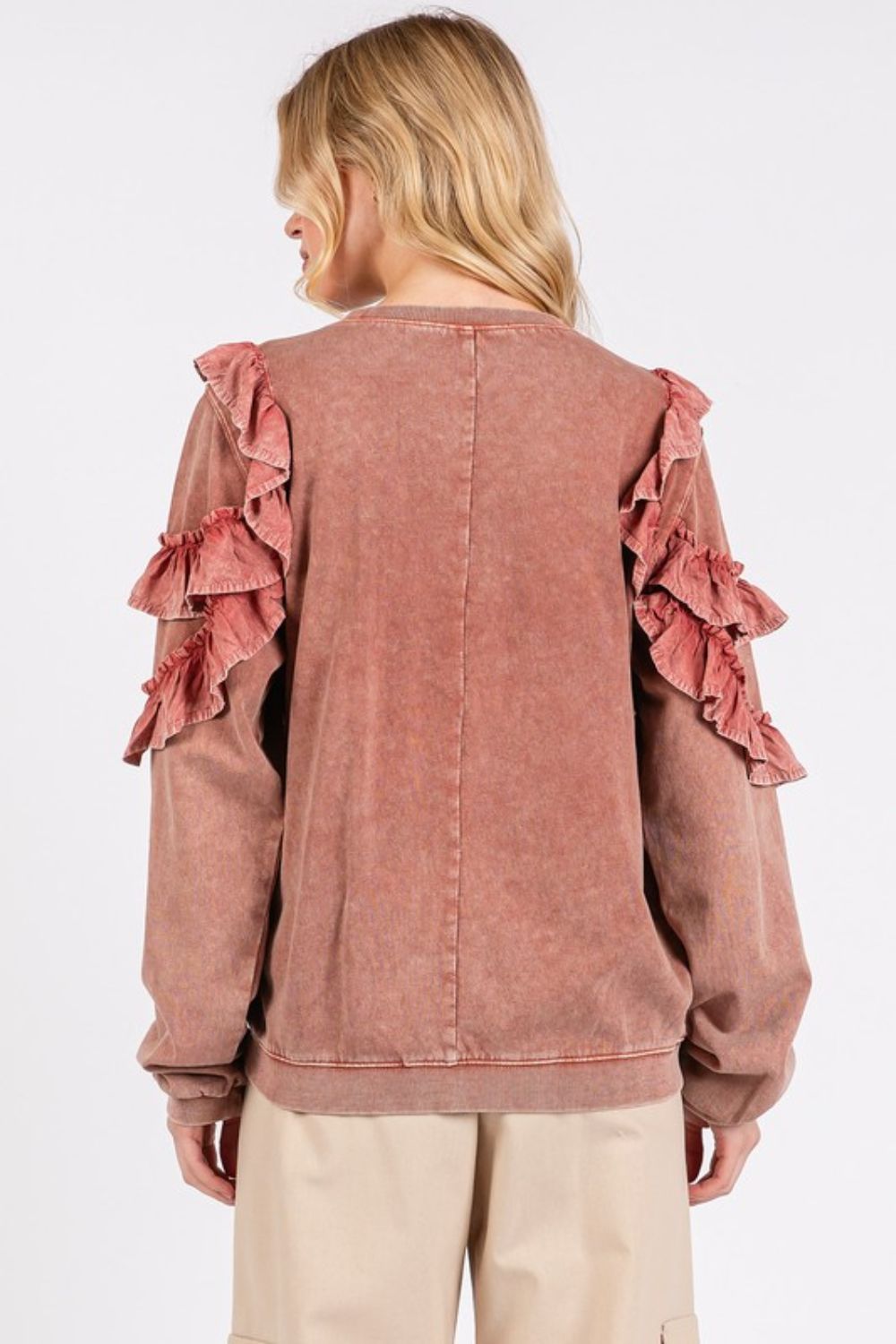 Mittoshop Ruffled Mineral Washed Round Neck Long Sleeve Sweatshirt - Robbi & Angel