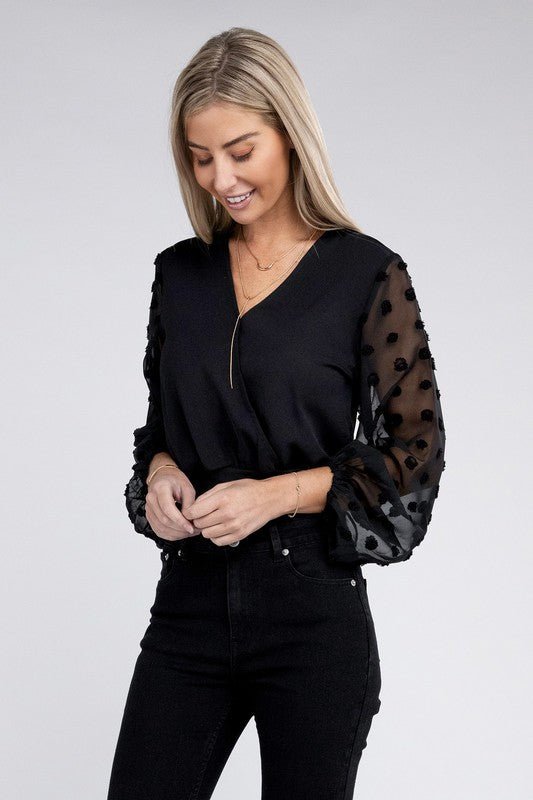 V Neck Wrap Sheer Sleeves Bodysuit - Robbi & Angel