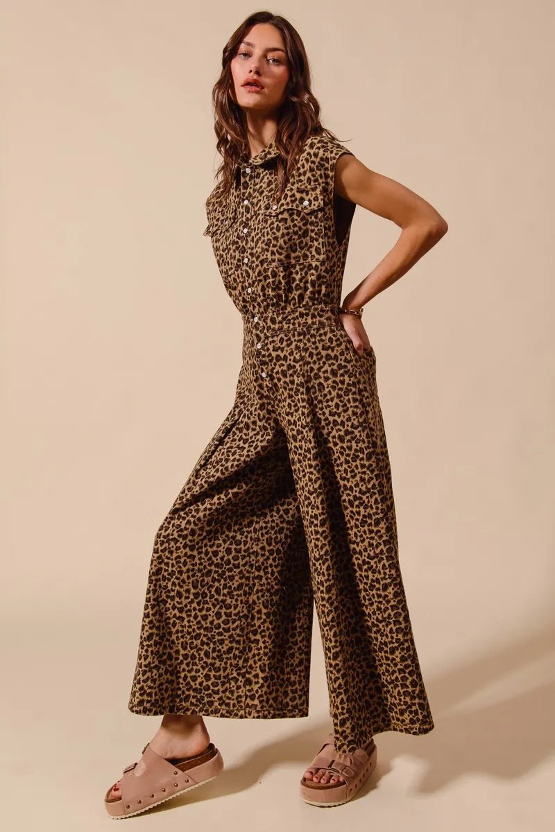 SO ME Wide Leg Leopard Twill Overalls Jumpsuit with Tuck - Robbi & Angel