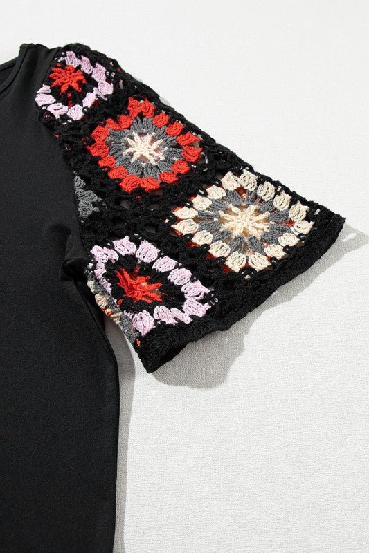 Black Floral Hollowed Crochet Sleeve Boho T Shirt - Robbi & Angel