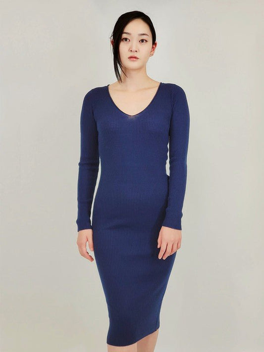 V - Neck Sheer Ribbed Knit Long Sleeve Sweater Dress - Robbi & Angel