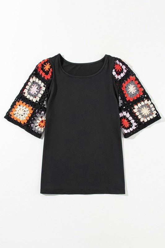 Black Floral Hollowed Crochet Sleeve Boho T Shirt - Robbi & Angel