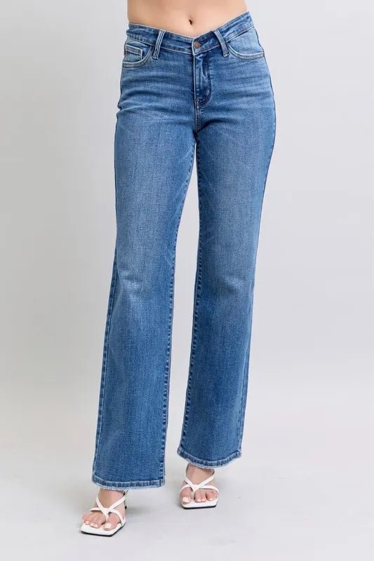 Judy Blue Full Size High Waist V - Front Vintage Wash Straight Jeans Plus Size - Robbi & Angel