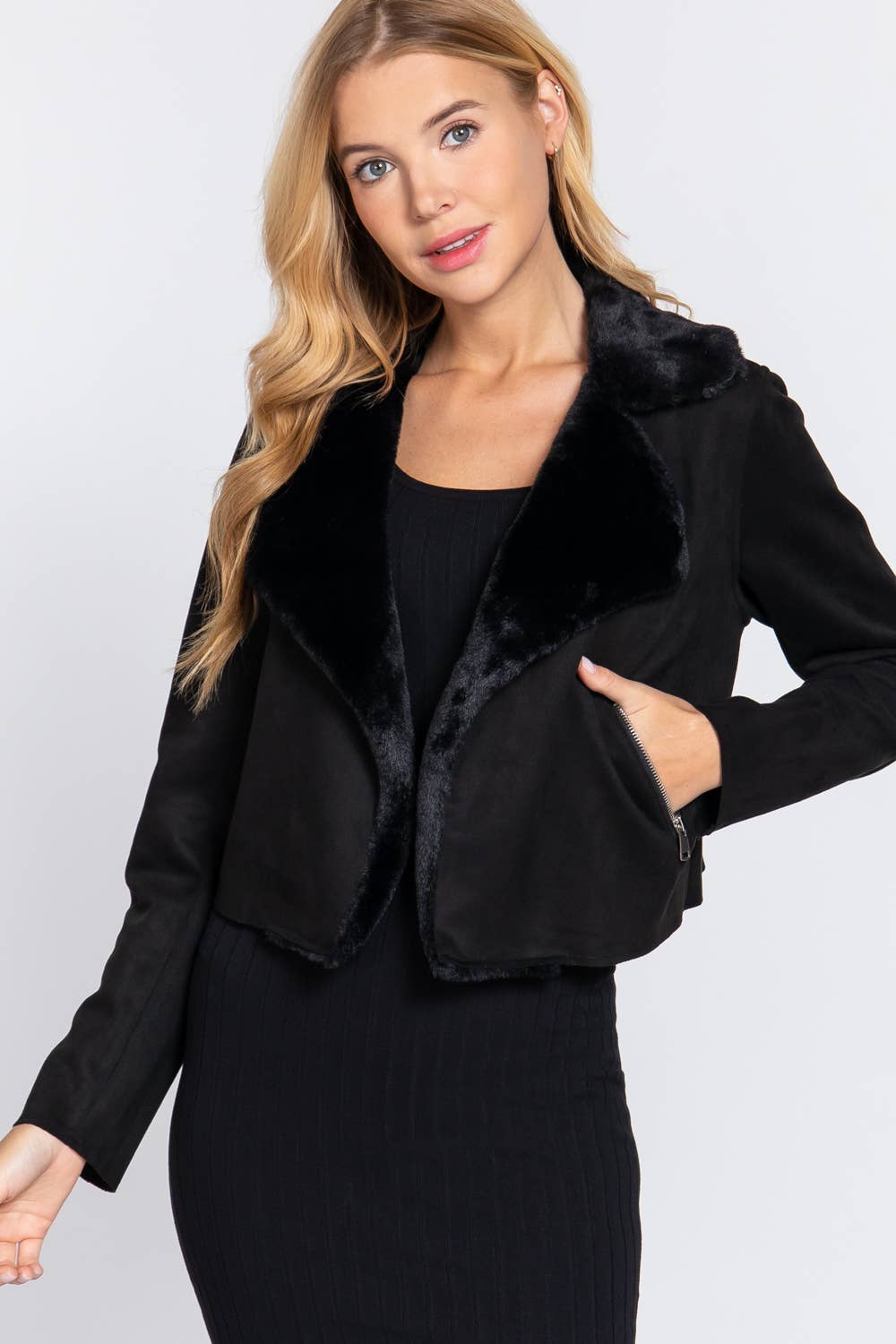 Lapel Collar with Fur Detailed Faux Suede Biker Jacket - Robbi & Angel