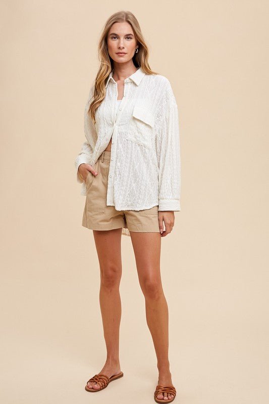 Annie Wear Openwork Button Down Drop Shoulder Shirt - Robbi & Angel