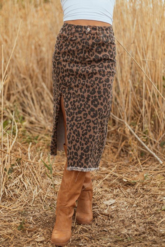 Leopard Denim Frayed Hem Midi Skirt - Robbi & Angel