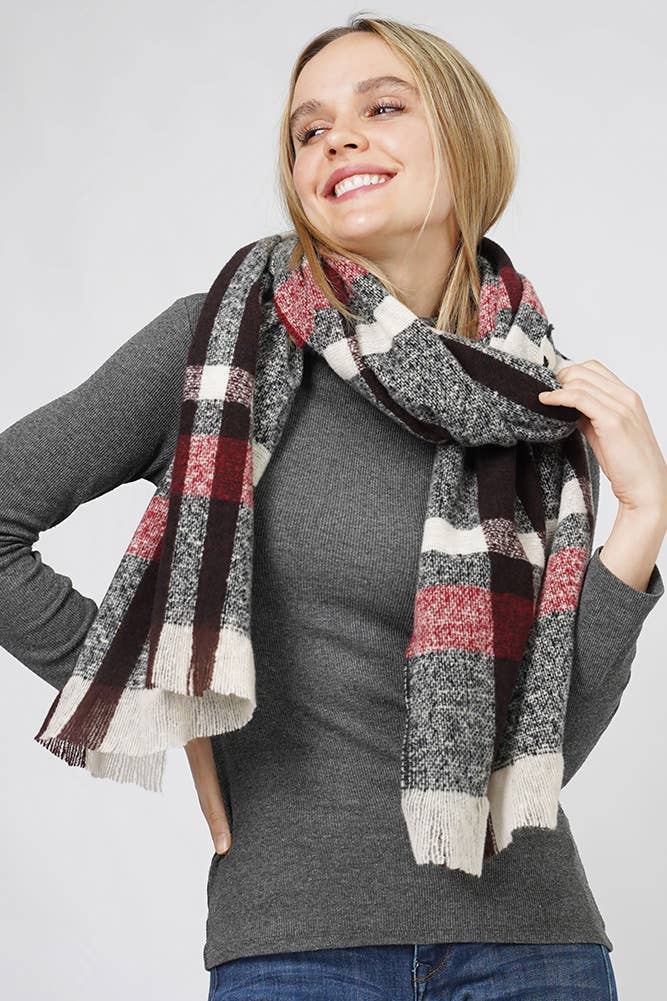 Plaid Check Pattern Oblong Fringe Winter Scarf - Robbi & Angel